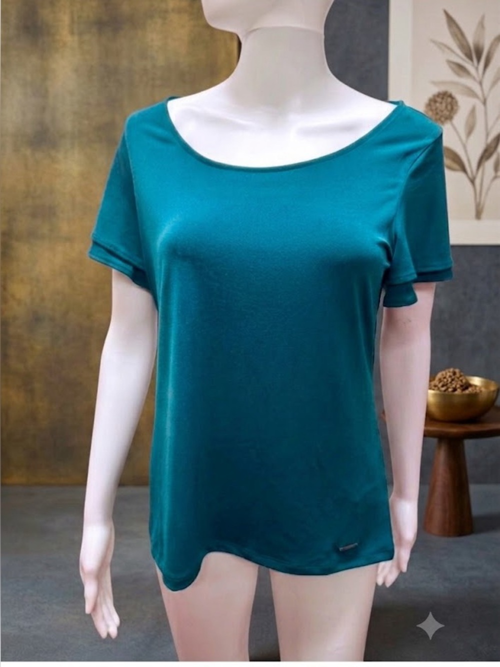 Tahari Women’s Teal Flutter Sleeve Top S Scoop Neck Stretch Blouse Teal Blue